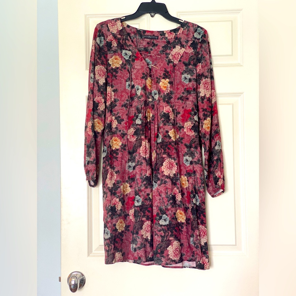 Peruvian Connection red and black floral print dress.